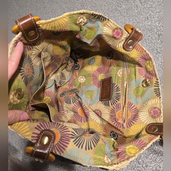 Fossil Long Live Vintage Crochet Straw Basket Bag Tan Black Wood Beach Cottage - Picture 7 of 11